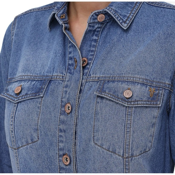 Frye Denim Button Front Shirt Dress Large NWOT Blue Jean Mini - Picture 5 of 10